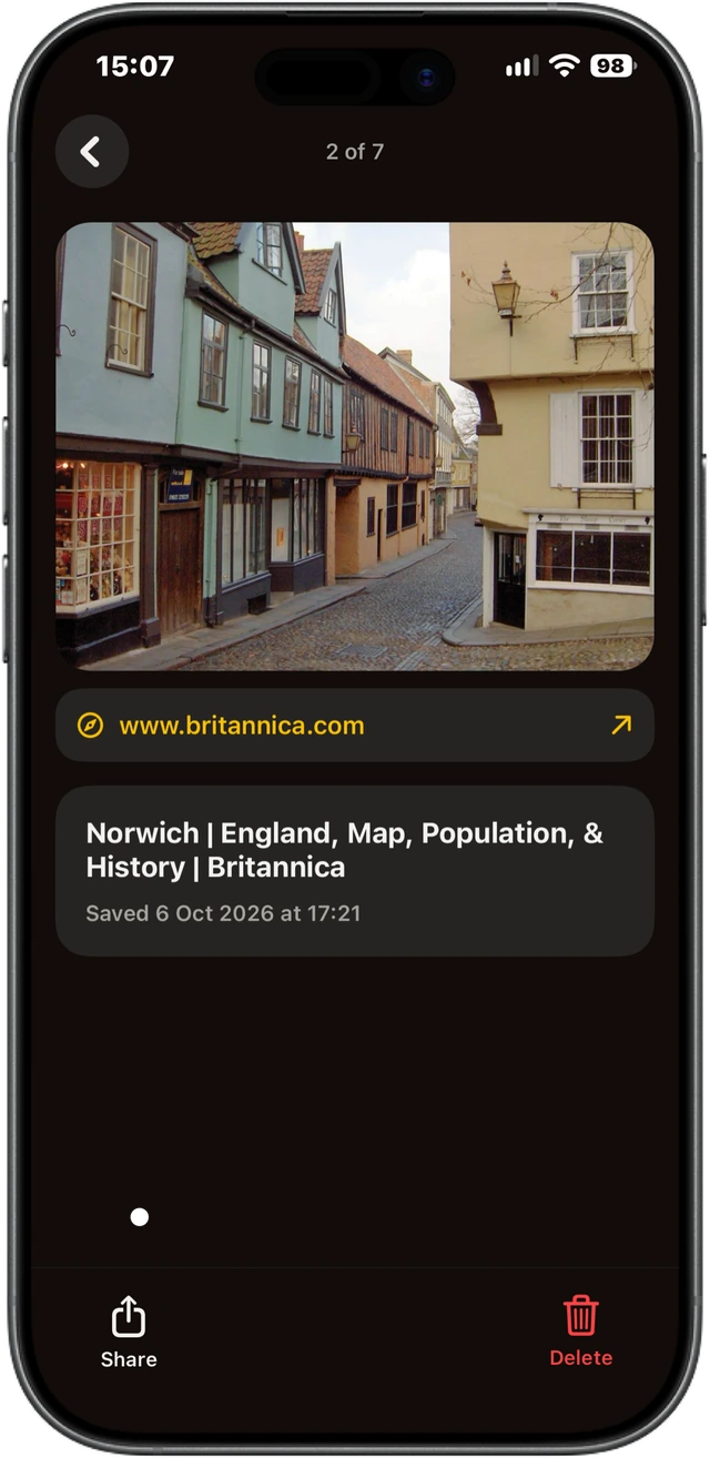 Hord detail view of a saved Norwich webpage, with its original britannica.com source link.
