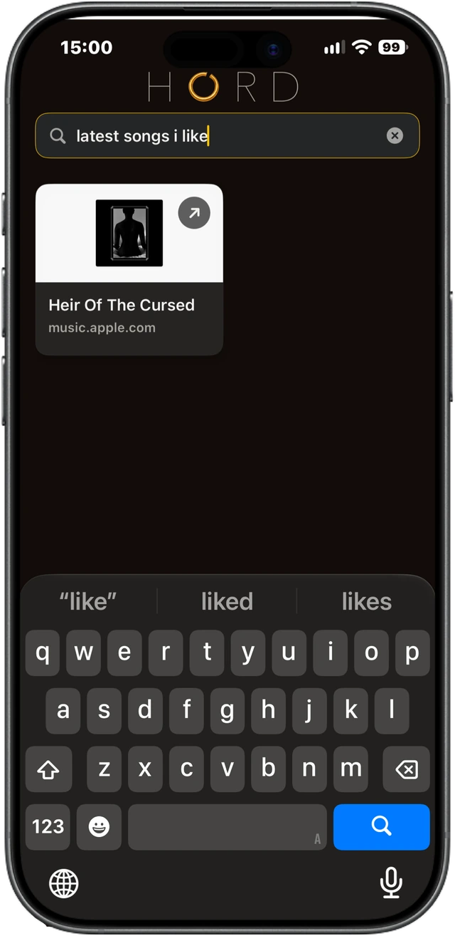 Hord search for “latest songs I like” showing a saved music link.