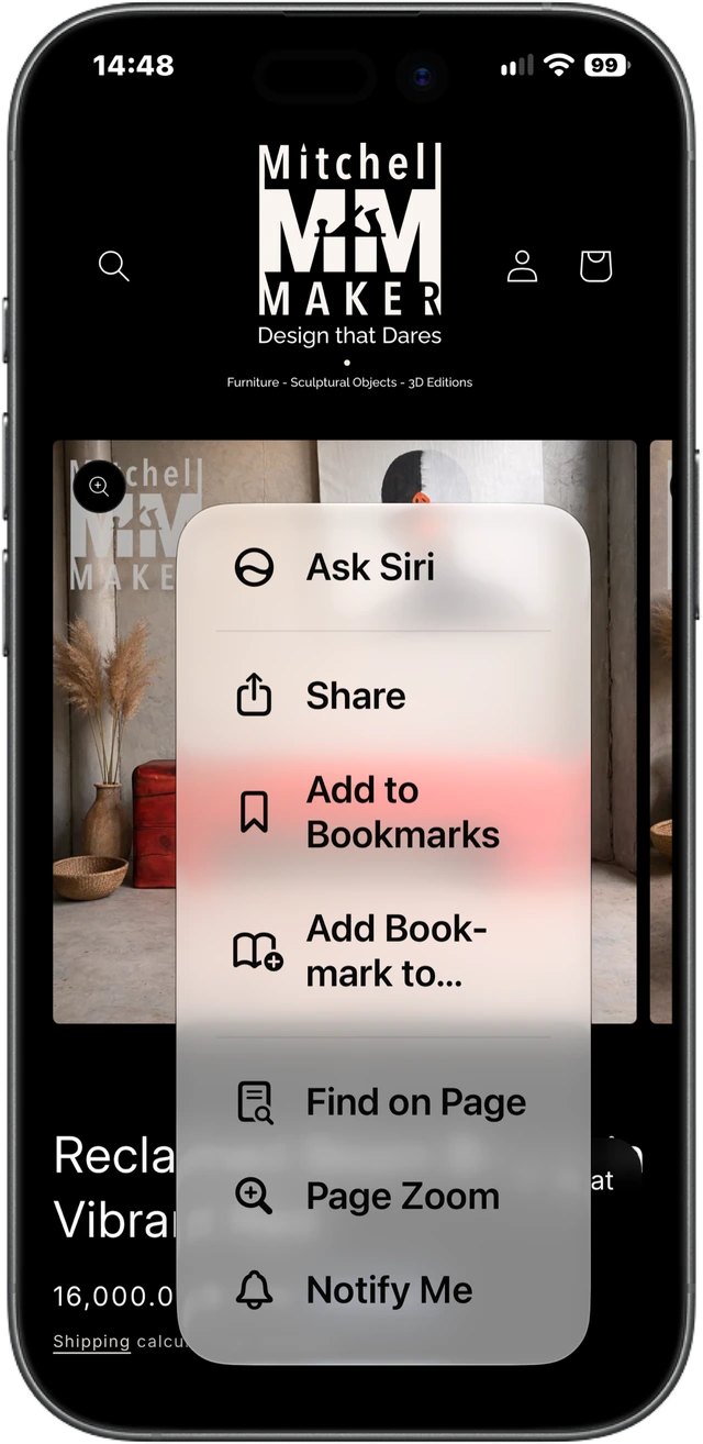 Safari Share menu on iPhone, the first step in sharing content to Hord.