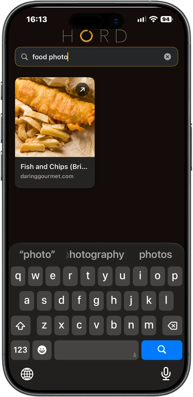 Hord search for “food photo” returns a saved fish and chips image.