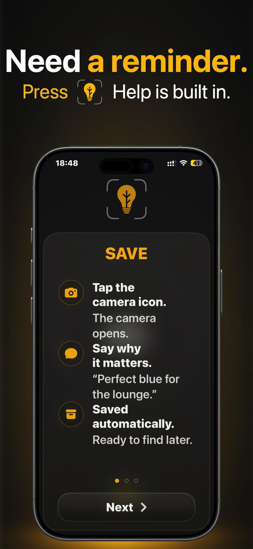 Twigged Snap in-app help explaining how to save a visual memory