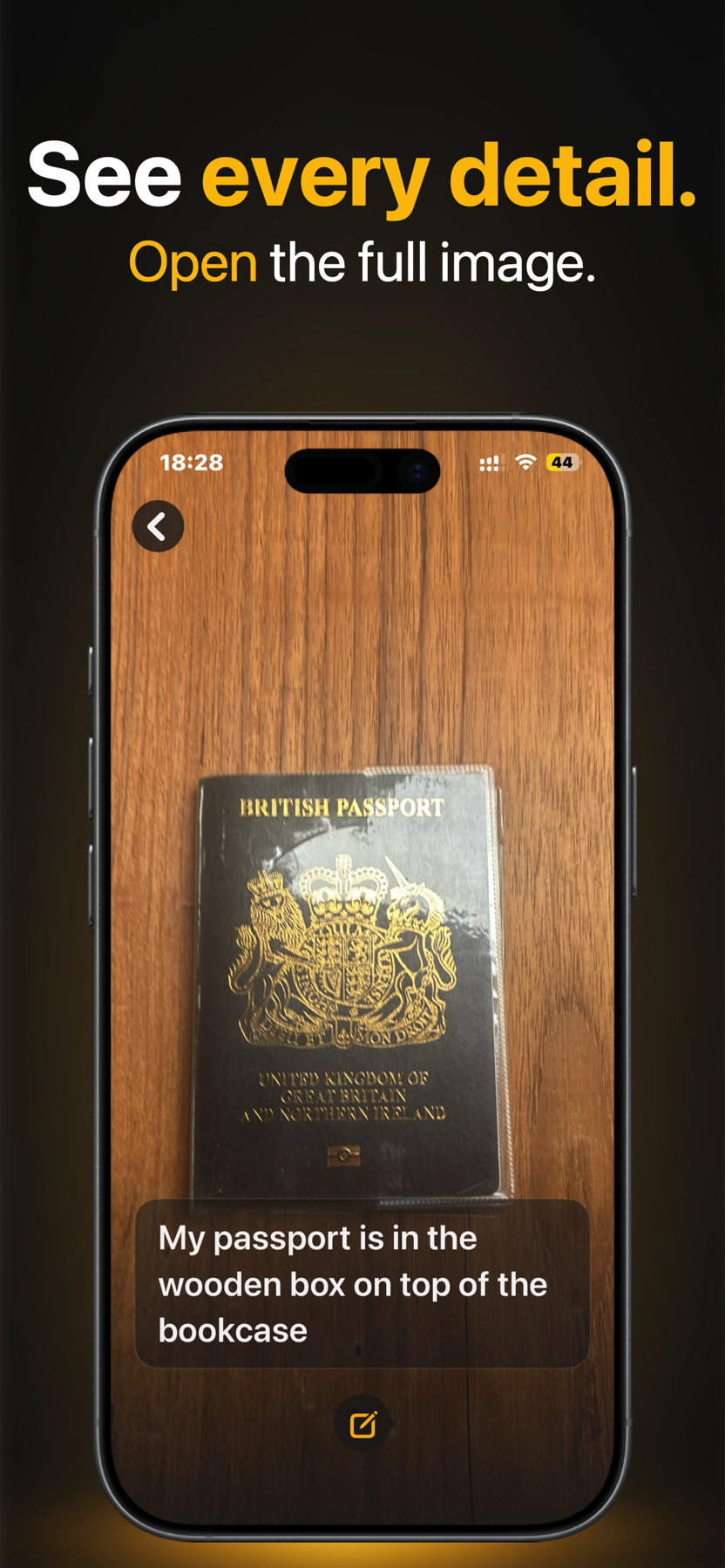 Full-screen passport photo with an editable memory description