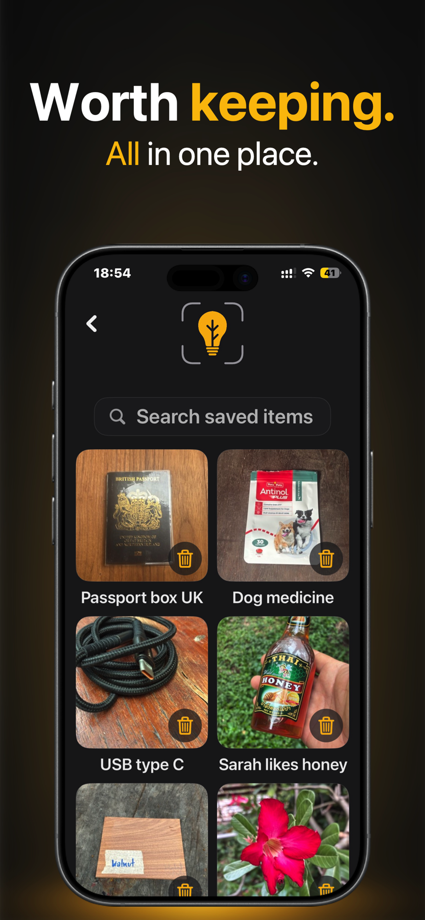 Twigged Snap Saved Items screen with a searchable grid of visual memories
